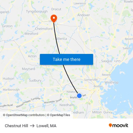 Chestnut Hill to Lowell, MA map