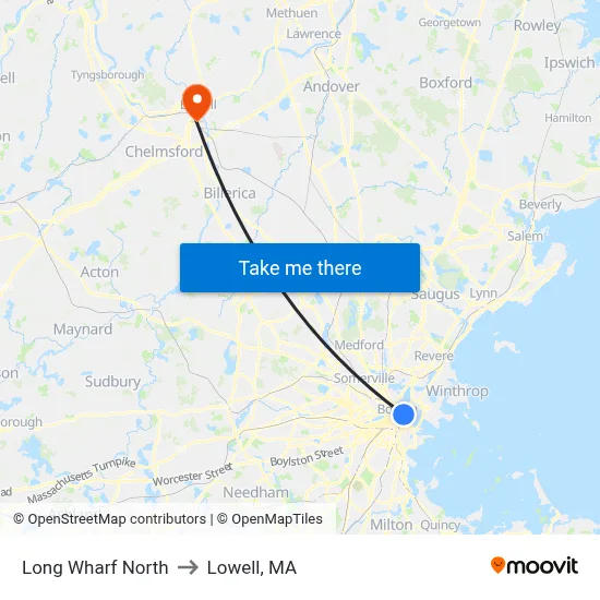 Long Wharf North to Lowell, MA map