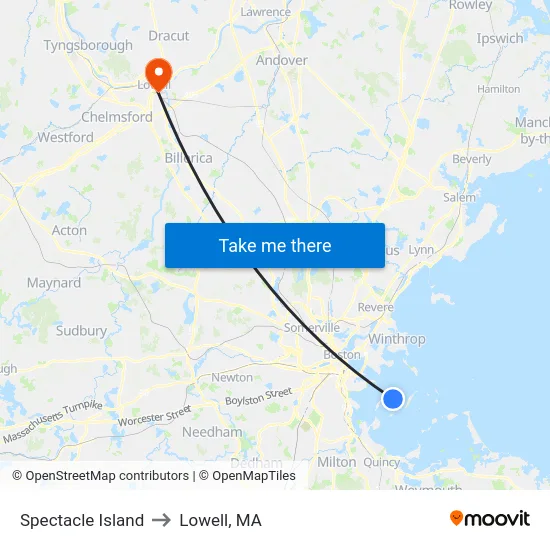 Spectacle Island to Lowell, MA map