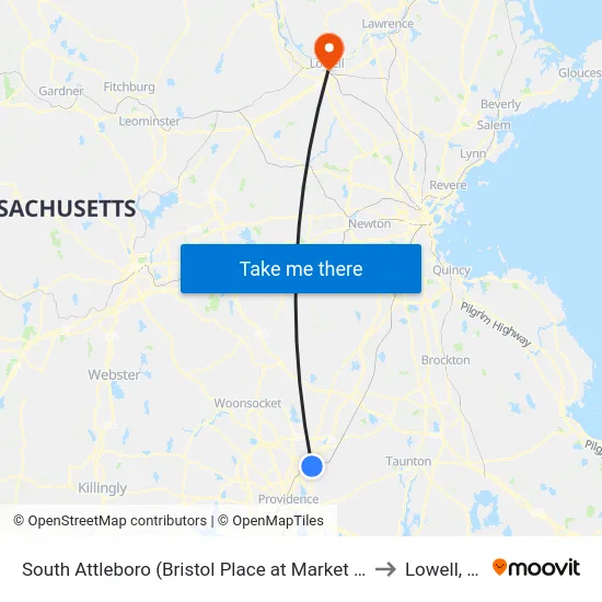 South Attleboro (Bristol Place at Market Basket) to Lowell, MA map