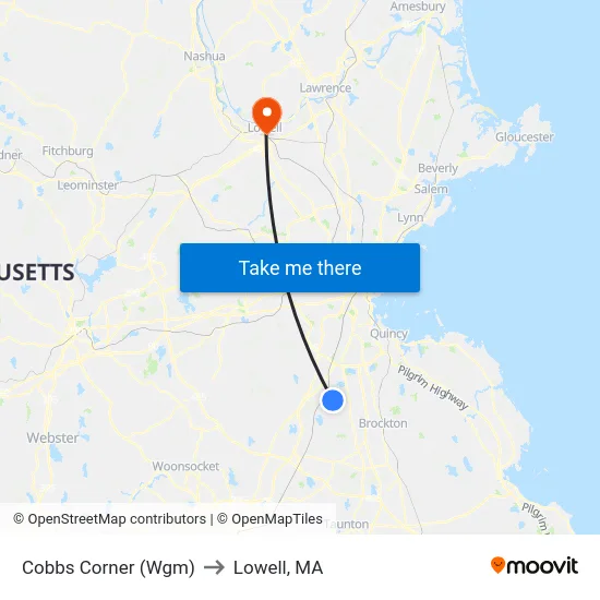 Cobbs Corner (Wgm) to Lowell, MA map