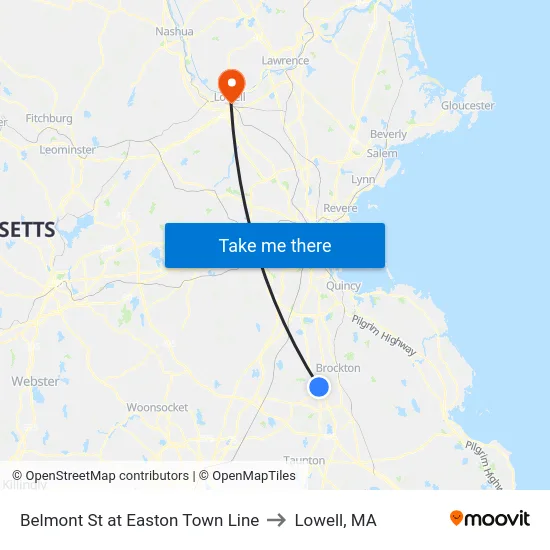 Belmont St at Easton Town Line to Lowell, MA map