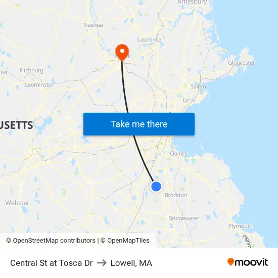 Central St at Tosca Dr to Lowell, MA map