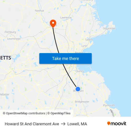 Howard St And Claremont Ave to Lowell, MA map
