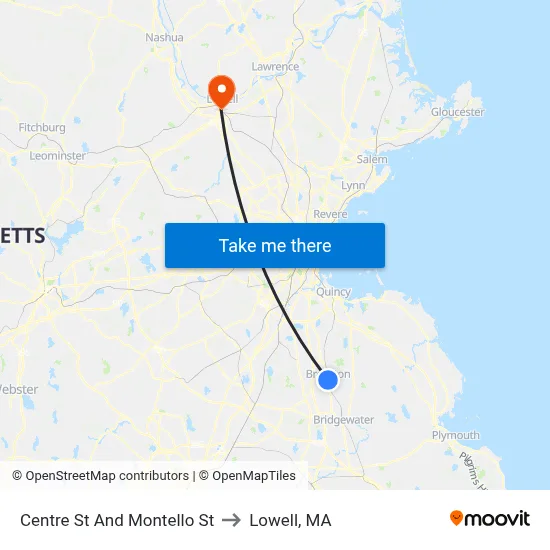 Centre St And Montello St to Lowell, MA map