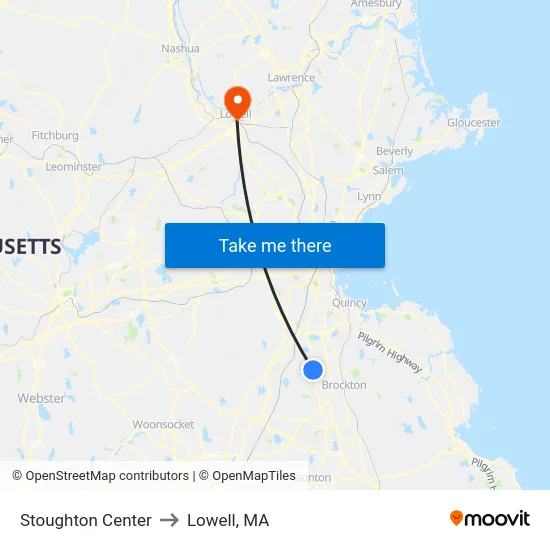 Stoughton Center to Lowell, MA map