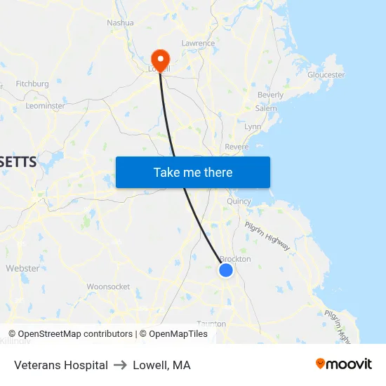 Veterans Hospital to Lowell, MA map