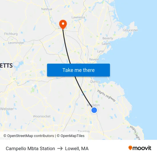 Campello Mbta Station to Lowell, MA map