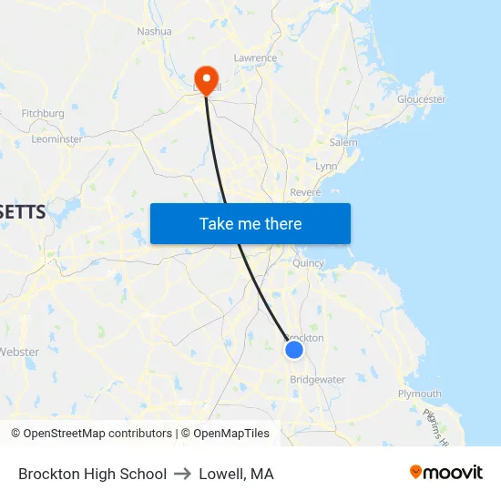 Brockton High School to Lowell, MA map