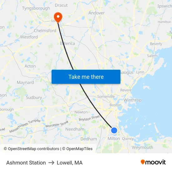Ashmont Station to Lowell, MA map