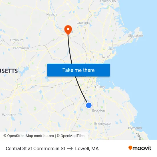 Central St at Commercial St to Lowell, MA map