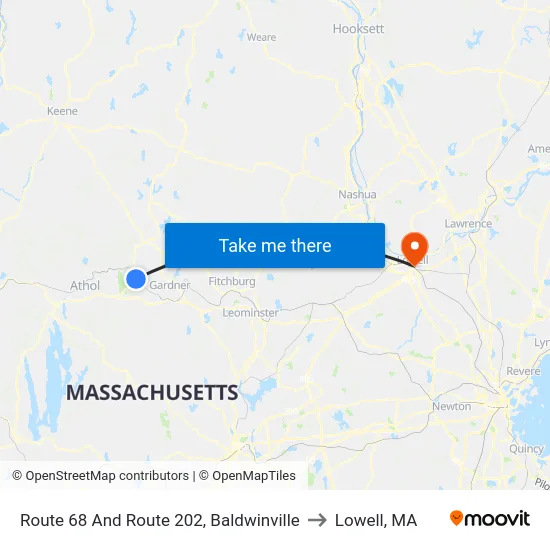 Route 68 And Route 202, Baldwinville to Lowell, MA map