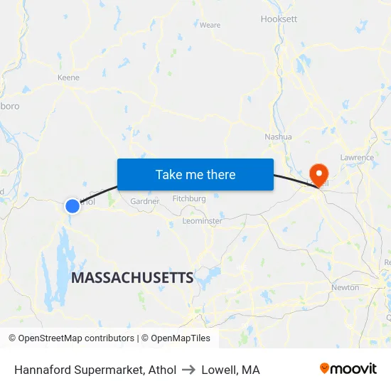 Hannaford Supermarket, Athol to Lowell, MA map