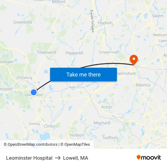 Leominster Hospital to Lowell, MA map