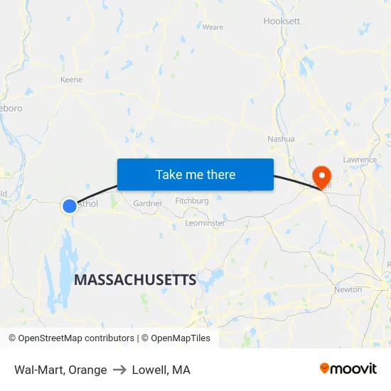 Wal-Mart, Orange to Lowell, MA map