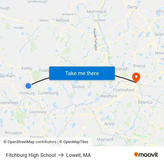 Fitchburg High School to Lowell, MA map