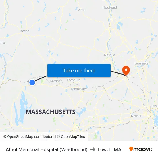 Athol Memorial Hospital (Westbound) to Lowell, MA map
