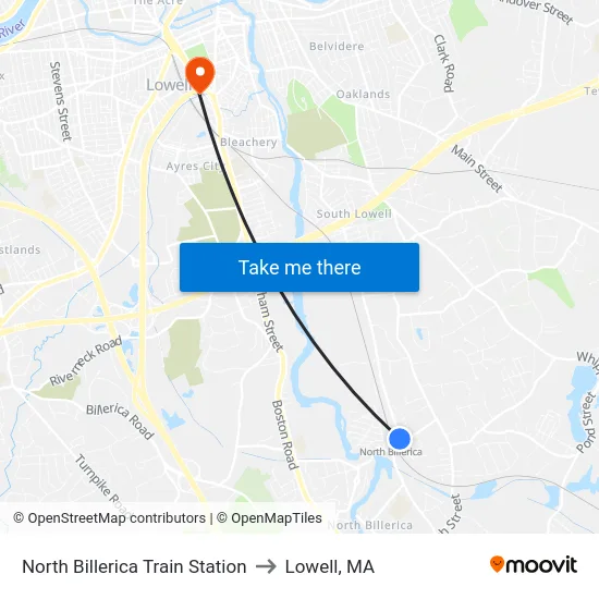 North Billerica Train Station to Lowell, MA map