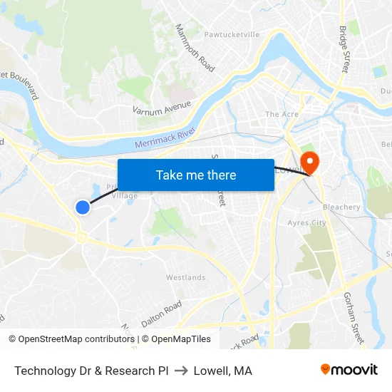 Technology Dr & Research Pl to Lowell, MA map