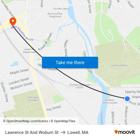 Lawrence St And Woburn St to Lowell, MA map