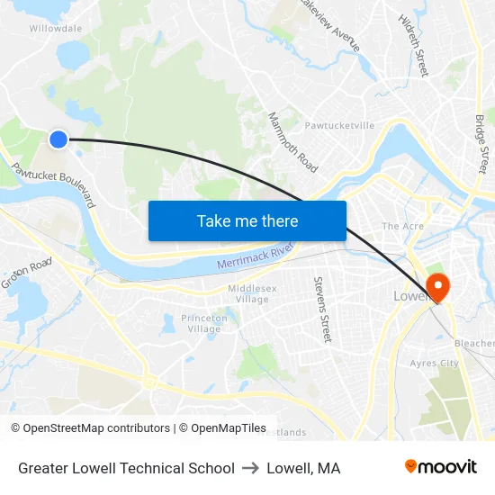 Greater Lowell Technical School to Lowell, MA map