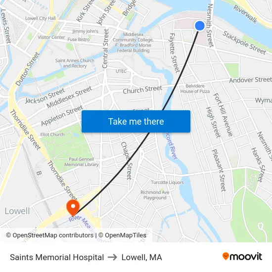 Saints Memorial Hospital to Lowell, MA map