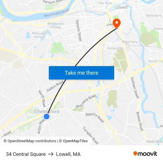 34 Central Square to Lowell, MA map