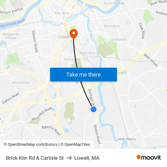 Brick Kiln Rd & Carlisle St to Lowell, MA map