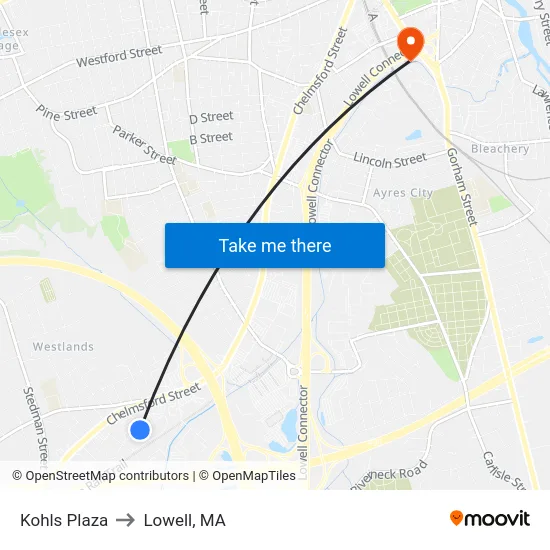 Kohls Plaza to Lowell, MA map
