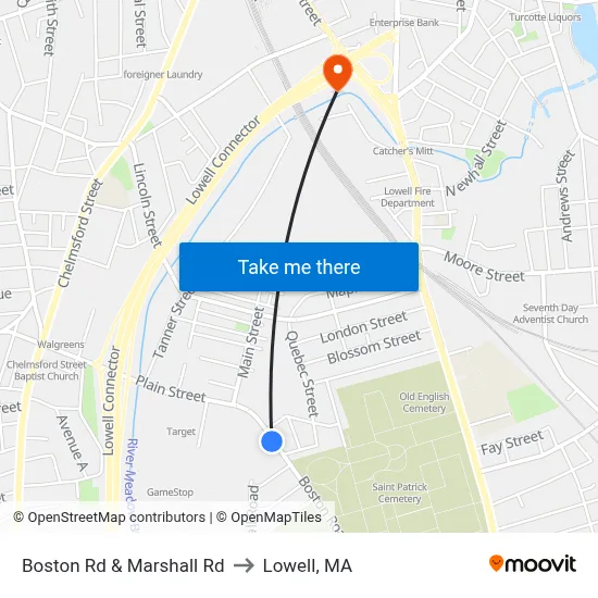 Boston Rd & Marshall Rd to Lowell, MA map