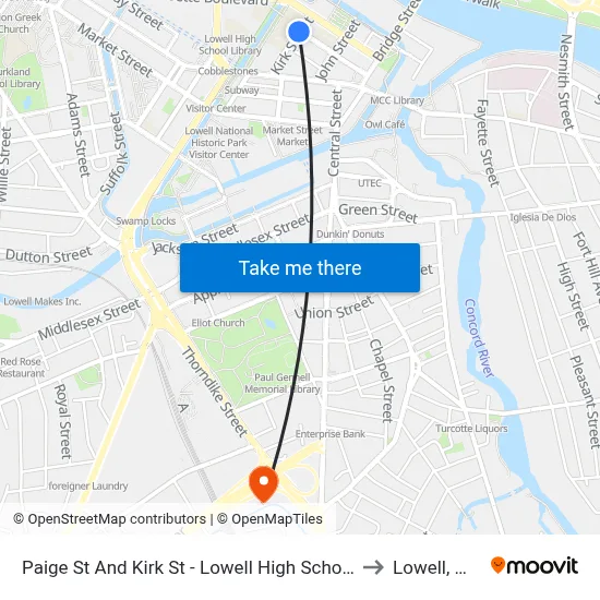 Paige St And Kirk St - Lowell High School to Lowell, MA map