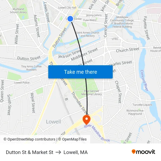 Dutton St & Market St to Lowell, MA map