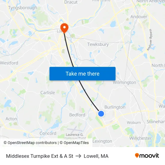 Middlesex Turnpike Ext & A St to Lowell, MA map