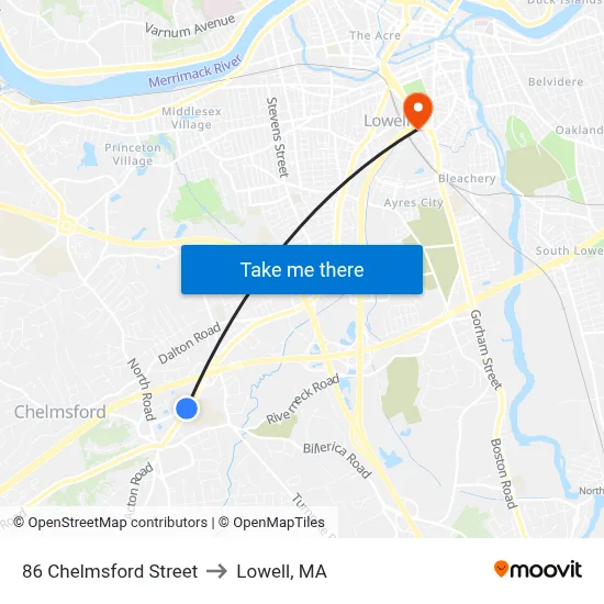 86 Chelmsford Street to Lowell, MA map