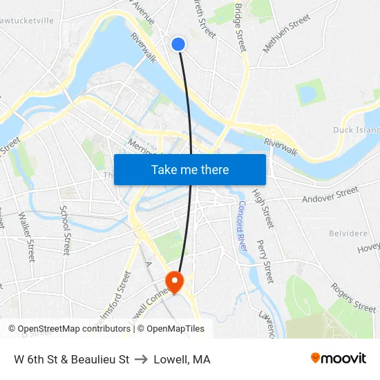 W 6th St & Beaulieu St to Lowell, MA map