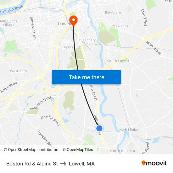 Boston Rd & Alpine St to Lowell, MA map