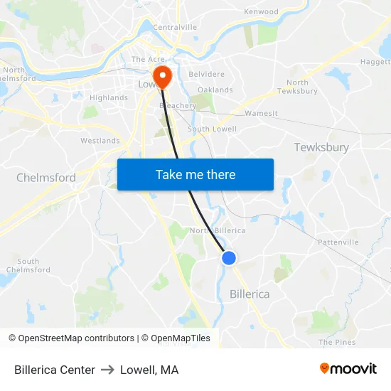 Billerica Center to Lowell, MA map