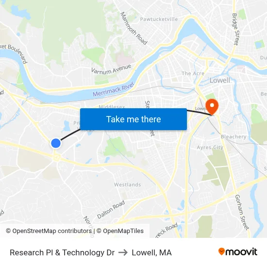 Research Pl & Technology Dr to Lowell, MA map