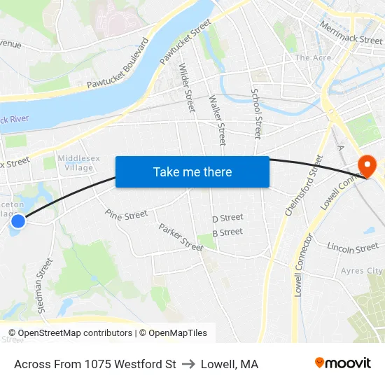 Across From 1075 Westford St to Lowell, MA map