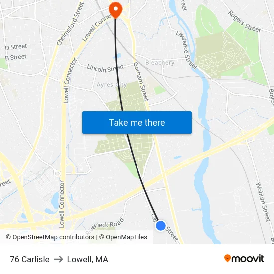 76 Carlisle to Lowell, MA map