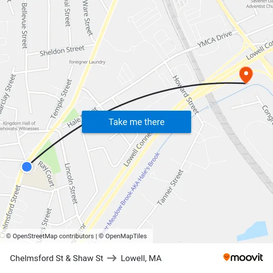 Chelmsford St & Shaw St to Lowell, MA map