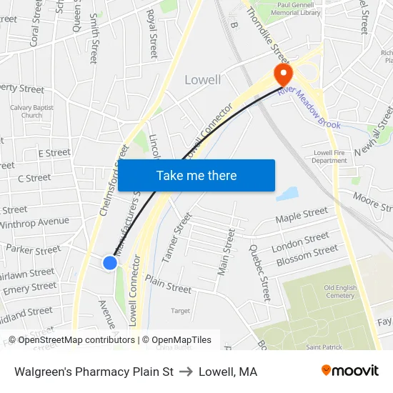 Walgreen's Pharmacy Plain St to Lowell, MA map