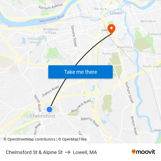 Chelmsford St & Alpine St to Lowell, MA map