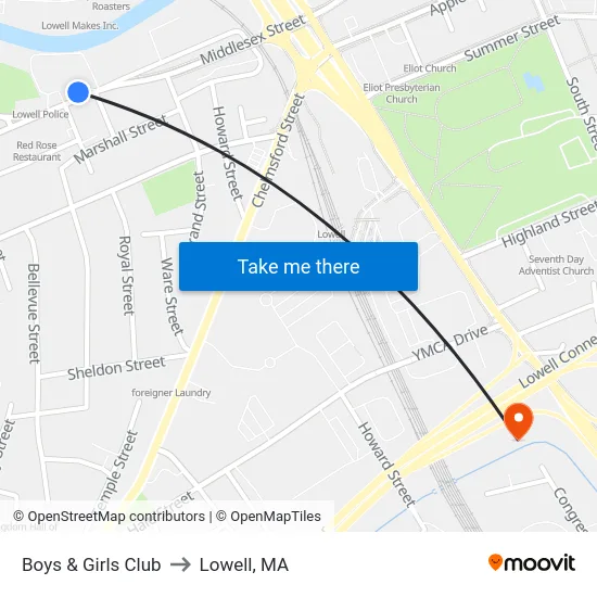 Boys & Girls Club to Lowell, MA map