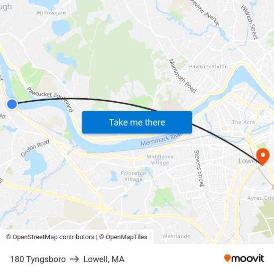 180 Tyngsboro to Lowell, MA map