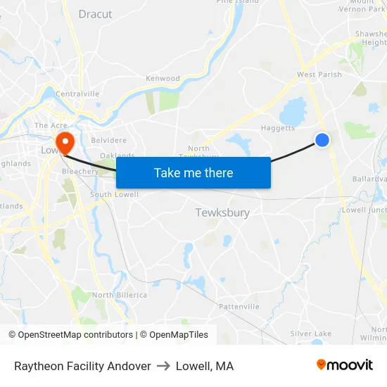 Raytheon Facility Andover to Lowell, MA map