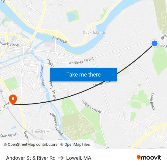 Andover St & River Rd to Lowell, MA map