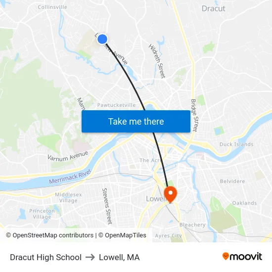 Dracut High School to Lowell, MA map