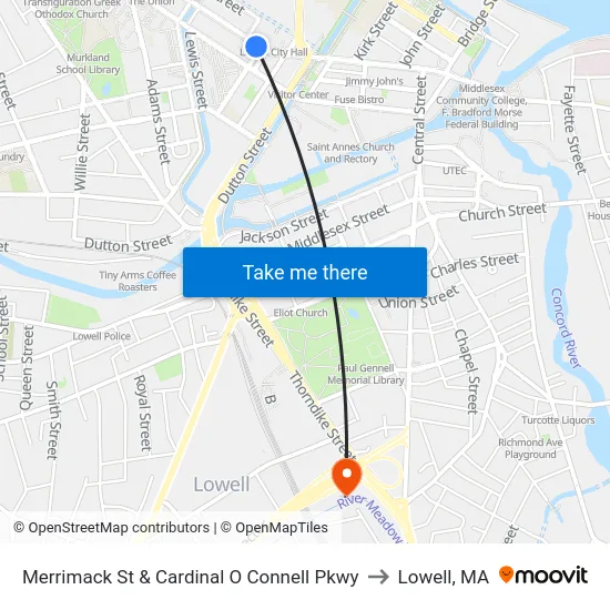 Merrimack St & Cardinal O Connell Pkwy to Lowell, MA map