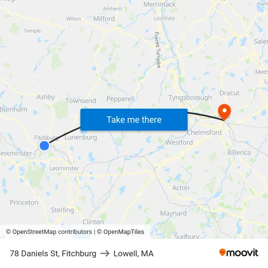 78 Daniels St, Fitchburg to Lowell, MA map